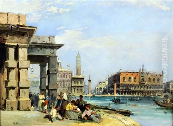 View Of St. Mark's Square And The Doge's Palace, Venice, With Figures Gathered On The Steps Of Punta Della Dogona Di Mare Oil Painting by Edward Pritchett