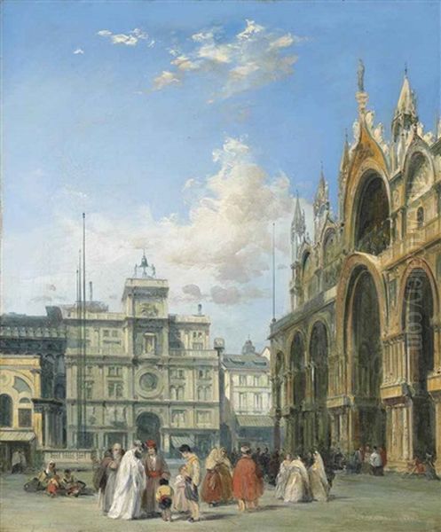 Figures Beside The Basilica Of San Marco And The Torre Dell'orlogio, Venice Oil Painting by Edward Pritchett