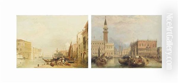 Santa Maria Della Salute And The Dogana At The Mouth Of The Grand Canal, Venice; And Piazza San Marco And The Palazzo Ducale (2 Works) Oil Painting by Edward Pritchett