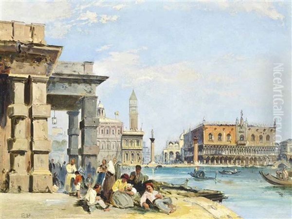 After The Service, Venice, With The Piazza San Marco And The Dogana Beyond Oil Painting by Edward Pritchett