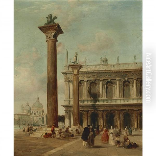 Figures On The Piazzetta, Venice Oil Painting by Edward Pritchett