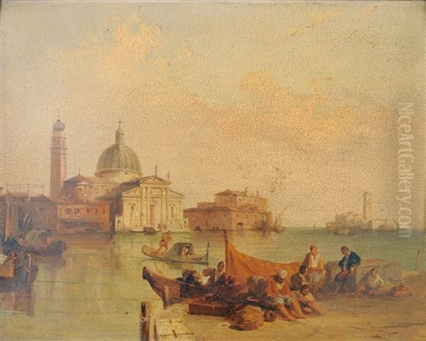 Venetian Canal Scene With Figures Seated On A Quayside In The Foreground Oil Painting by Edward Pritchett