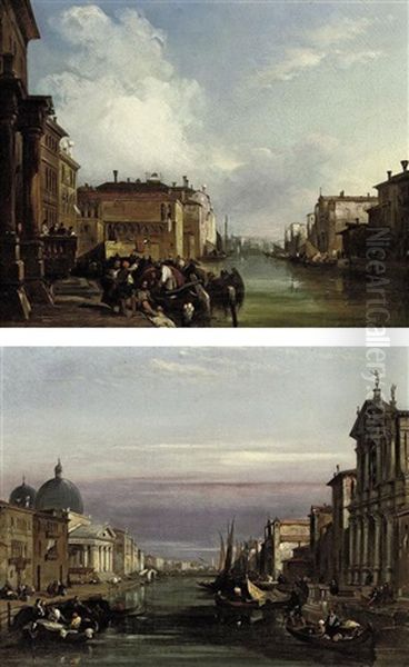 The Grand Canal, Venice, Looking Southwest (+ The Grand Canal, Venice, Looking Northeast; Pair) Oil Painting by Edward Pritchett