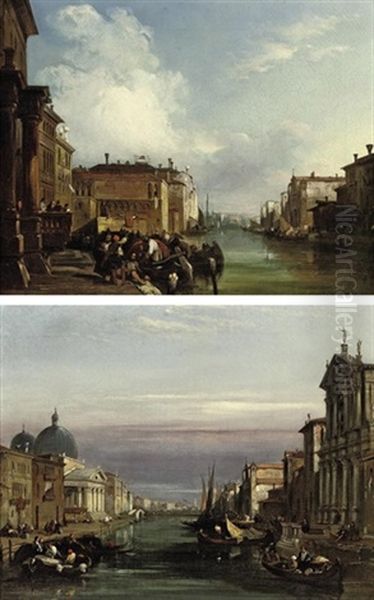 The Grand Canal, Venice, Looking South-west From The Chiesa Degli Scalzi (+ The Grand Canal, Venice, Looking North-east To The Rialto Bridge; Pair) Oil Painting by Edward Pritchett