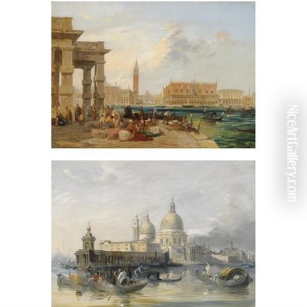 The Dogana, Venice, Looking Towards San Marco (+ The Grand Canal, Venice, With Santa Maria Della Salute And The Dogana; 2 Works) Oil Painting by Edward Pritchett