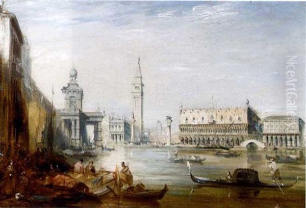 The Grand Canal And The Doges Palace With Figures On The Quay In The Foreground Oil Painting by Edward Pritchett