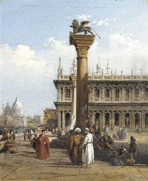 Figures In The Piazzetta, Venice, With San Salute Beyond Oil Painting by Edward Pritchett