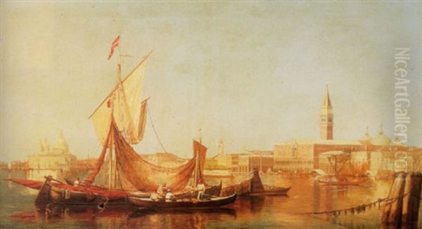 A View Of The Doge's Palace Venice, From The Lagoon With Figures And Boats In The Foreground Oil Painting by Edward Pritchett