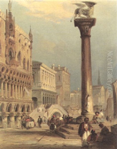 St Mark's Column And The Doge's Palace, Venice Oil Painting by Edward Pritchett