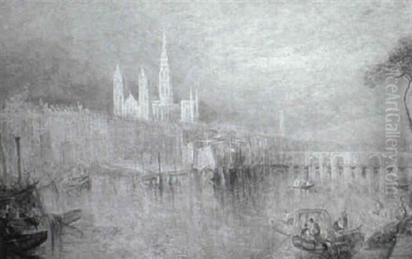 Rouen From The River Seine Oil Painting by Edward Pritchett