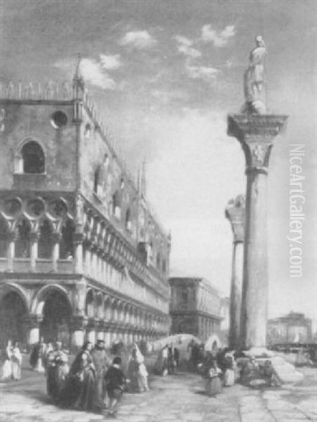 Figures By The Doge's Palace, Venice Oil Painting by Edward Pritchett