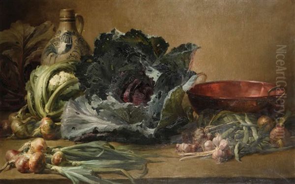 Nature Morte Avec Chou-fleur, Chou Rouge, Oignons Et Ail Oil Painting by Henri Privat-Livemont