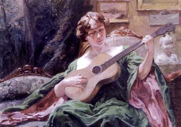 Femme A La Guitare Oil Painting by Henri Privat-Livemont