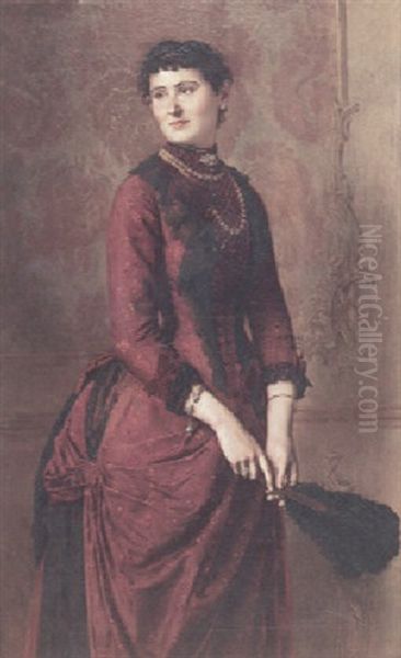 A Portrait Of A Lady In A Burgandy Dress Holding A Fan Oil Painting by Carl Probst