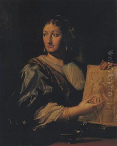 Ritratto Di Francesca Gommi Maratta, Moglie Di Carlo Maratta, Con Un Disegno Nella Mano Sinistra Raffigurante Venere Che Forgia Le Frecce Di Eros Oil Painting by Andrea Procaccini