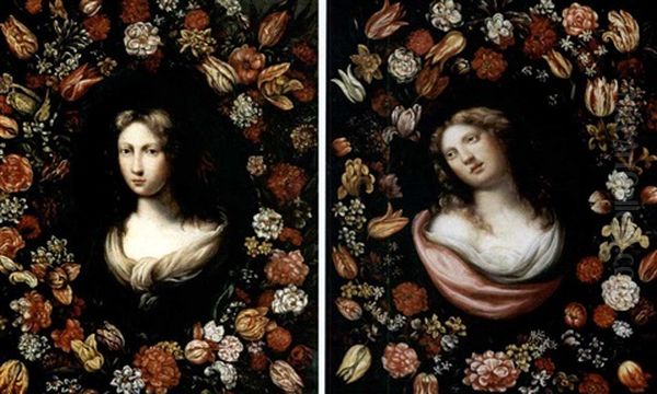 Volto Di Fanciulla Entro Ghirlanda Di Fiori (pair) Oil Painting by Carlo Antonio Procaccini