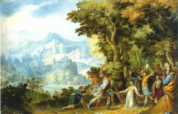 An Extensive Mountainous Wooded Landscape With The Stoning Of Saint Stephen Oil Painting by Carlo Antonio Procaccini