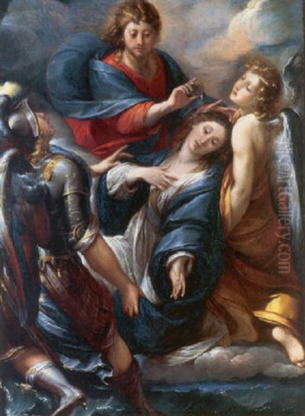 Mary Magdalene Supported By The Archangels Michael And Raphael, Christ Blessing Her Above Oil Painting by Giulio Cesare Procaccini