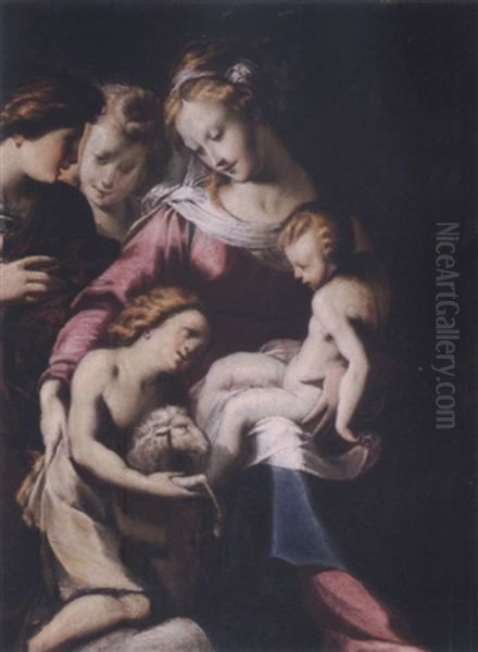 Madonna And Child With Saint John The Baptist And Two Angels In A Landscape Oil Painting by Giulio Cesare Procaccini