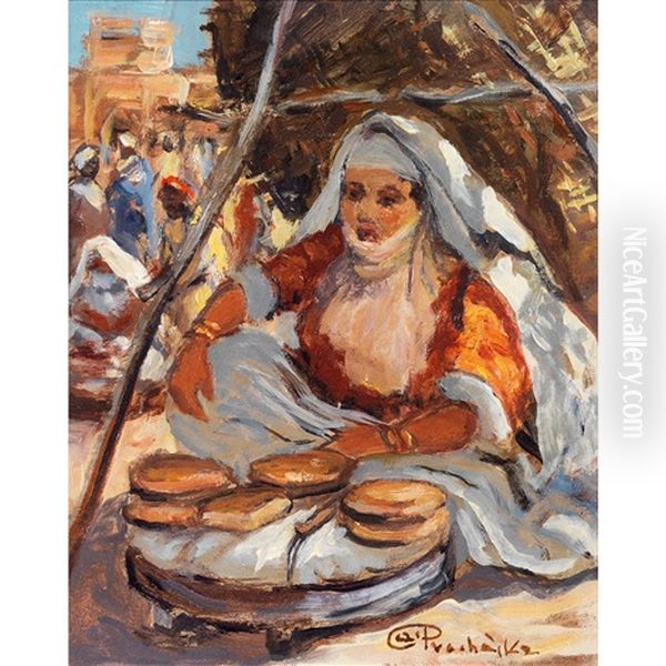 La Marchande De Pain, Place Jemaa El-fna, Marrakech Oil Painting by Antonin Prochaska