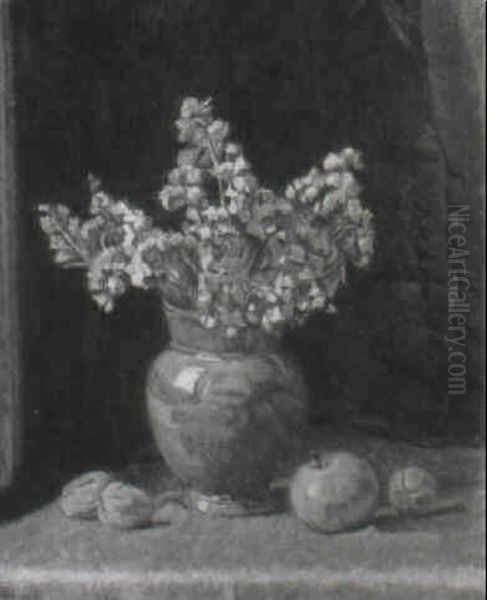 Stilleben Mit Trockenblumenstrauss, Apfel Und Walnussen Oil Painting by Emil Prochaska