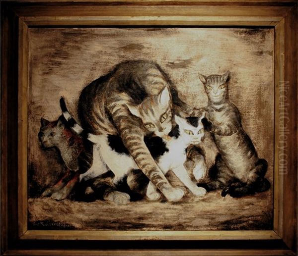 Cat With Kittens Oil Painting by Antonin Prochazka