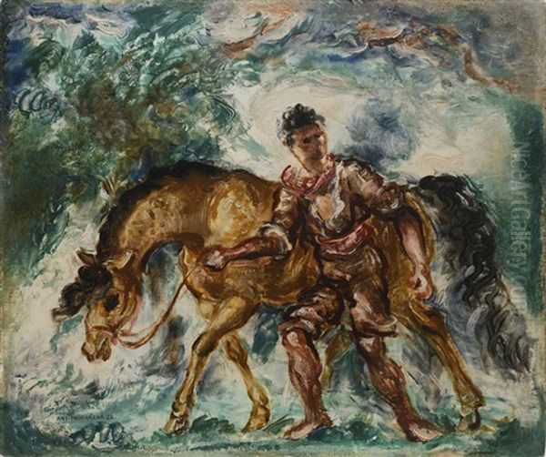 A Boy With A Horse Oil Painting by Antonin Prochazka