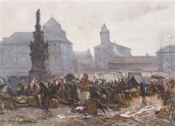 Market On The Square In Kladno Oil Painting by Iaro Prochazka