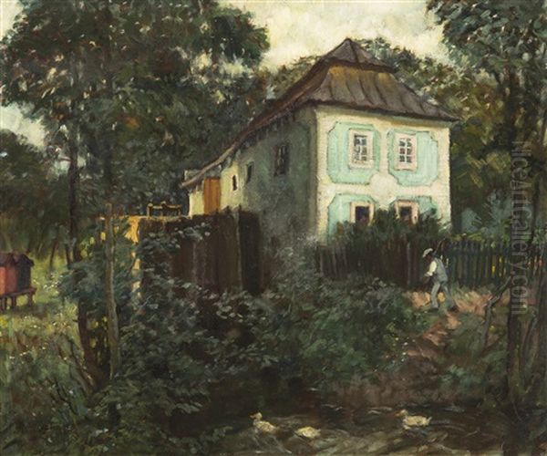 In Front Of A Cottage Oil Painting by Iaro Prochazka