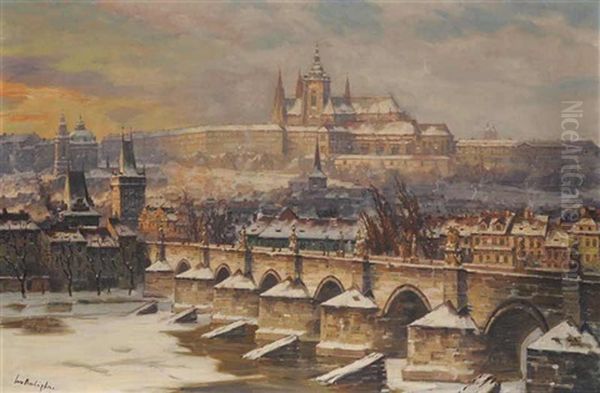 A View Of Charles Bridge And Prague Castle Oil Painting by Iaro Prochazka