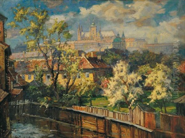 Kampa In Bloom With Prague Castle Oil Painting by Iaro Prochazka