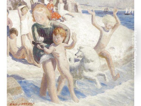 Bathers A Summer Beach Scene Oil Painting by Ernest Procter