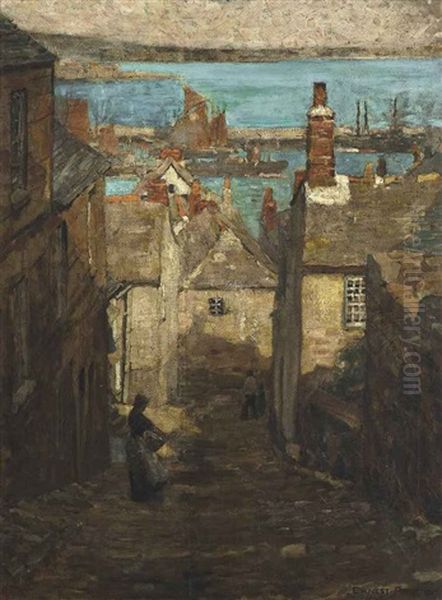 A Cornish Fishing Village Oil Painting by Ernest Procter