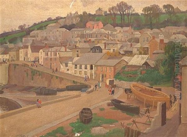 Cornish Fishing Village Oil Painting by Ernest Procter