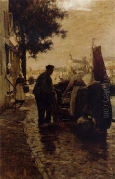 Figures In A Breton Harbour Oil Painting by Adam Edwin Proctor