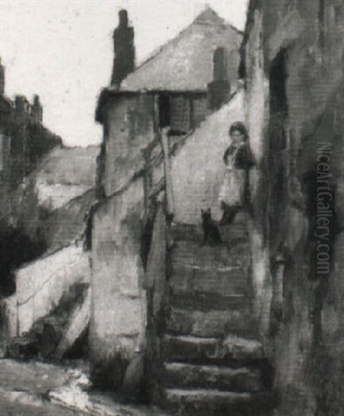 A Young Girl And Her Cat At The Top Of A Small Flight Of Steps Oil Painting by Adam Edwin Proctor