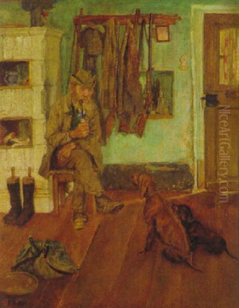 Alter Jager Mit Hunden In Bauernstube Oil Painting by Friedrich Proelss