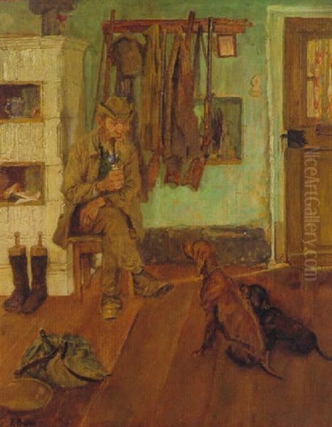 Alter Jager Mit Hunden In Bauernstube Oil Painting by Friedrich Proelss