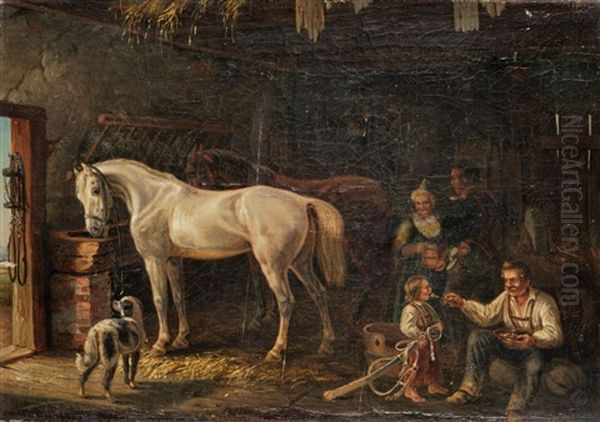 Bauern Und Uniformierter Soldat In Pferdestall Oil Painting by Otto Progel