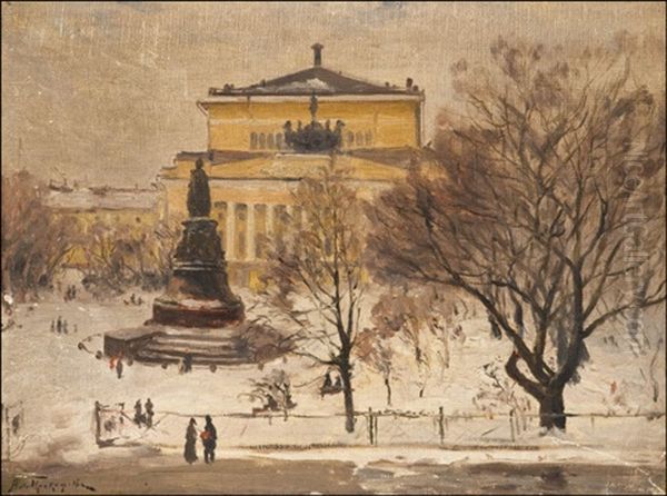 Winter Scene By The Alexandrinski Theater In The Jekaterina Park Oil Painting by Aleksei Matveevich Prokofiev