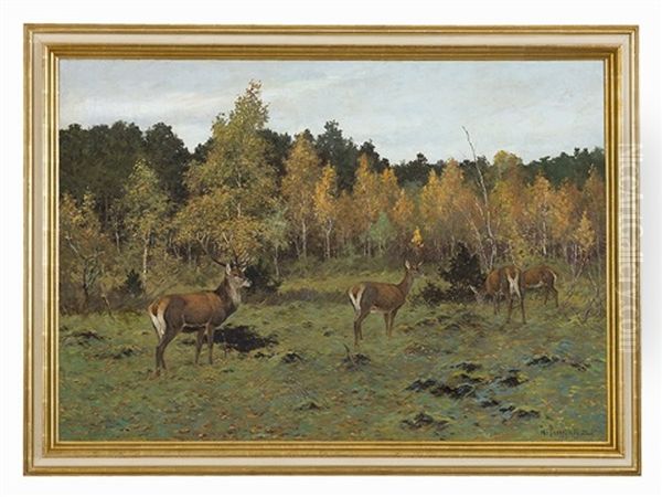 Deer In Autumn Forest Oil Painting by Dimitri Von Prokofiev