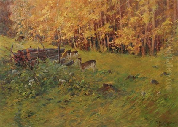 Rehe Im Herbstwald Oil Painting by Dimitri Von Prokofiev