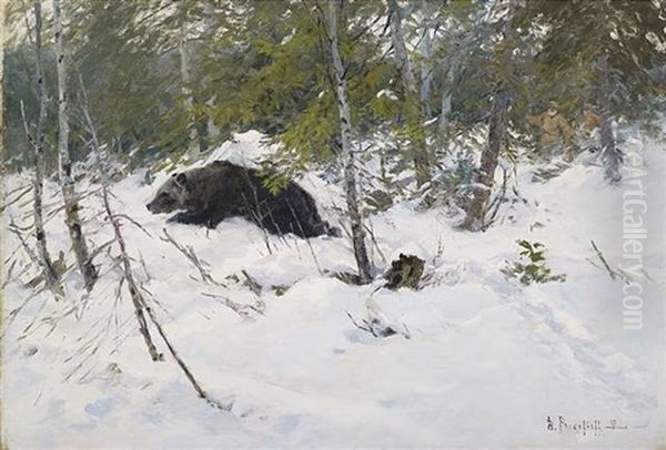 Barenjagd Im Winterlichen Wald Oil Painting by Dimitri Von Prokofiev