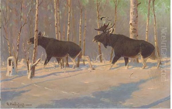 Moose In The Snow Oil Painting by Dimitri Von Prokofiev