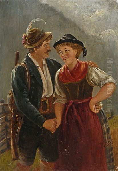 Dirndl Und Jager (+ Zwei Dirndl; 2 Works) Oil Painting by Friedrich Anton Otto Prolss