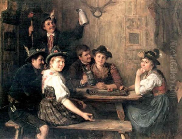 A Tavern Interior Oil Painting by Friedrich Anton Otto Prolss