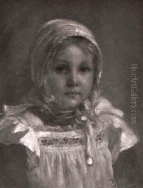 Portrait Of A Blue-eyed Girl Wearing A Lace Apron And Bonnet Oil Painting by Friedrich Anton Otto Prolss