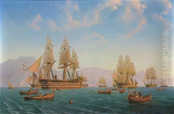 The British Mediterranean Fleet Exercising Off The Amalfi Coast At Sunset, With Fishermen At Work In The Foreground Oil Painting by Julius Prommel