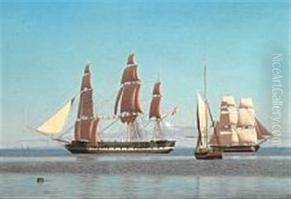 Quiet Day At Sea With Frigate, Yacht And Brig Oil Painting by Julius Prommel