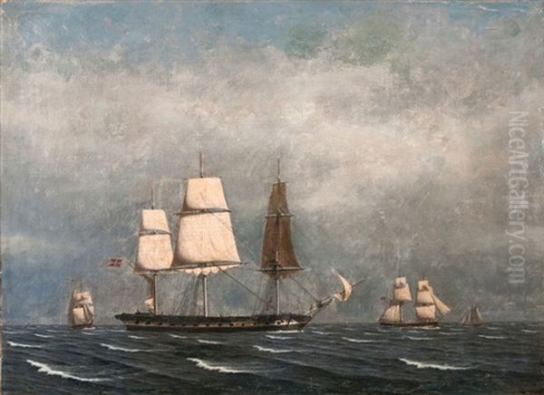 Danish Frigate Oil Painting by Julius Prommel